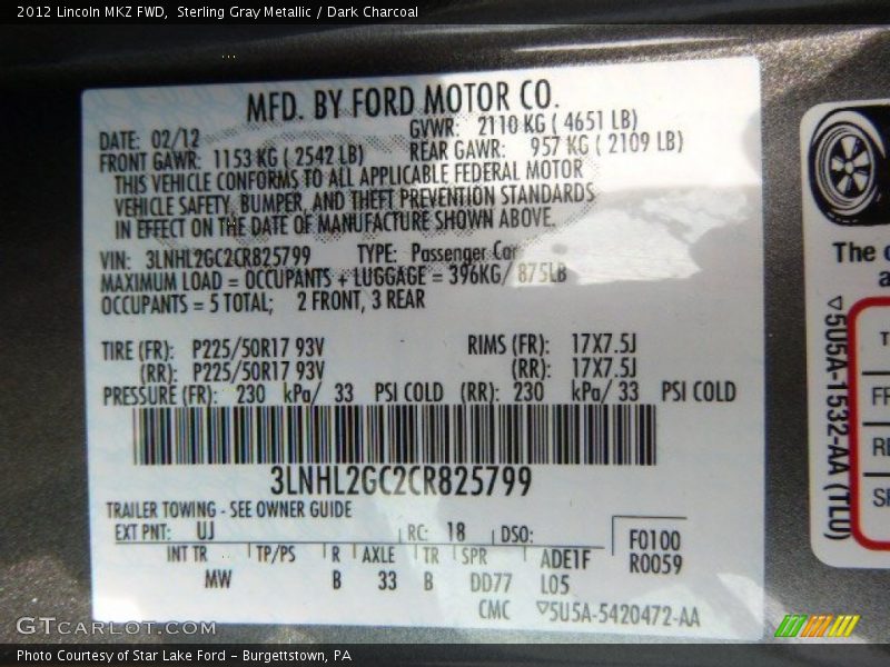 Sterling Gray Metallic / Dark Charcoal 2012 Lincoln MKZ FWD