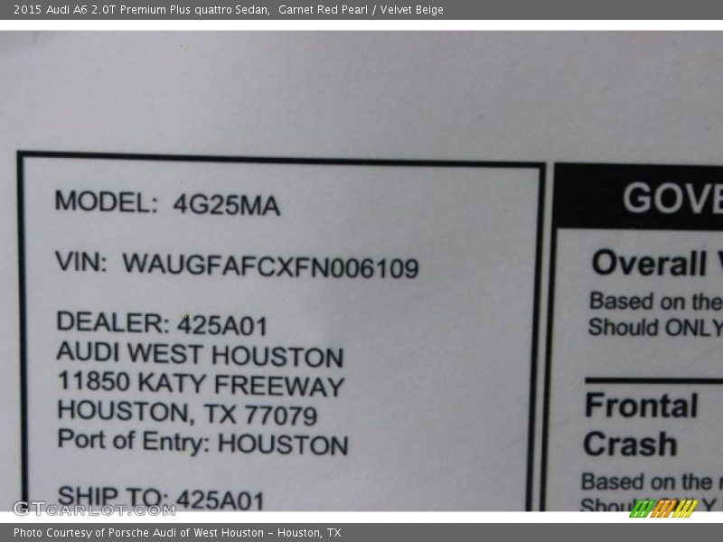 Garnet Red Pearl / Velvet Beige 2015 Audi A6 2.0T Premium Plus quattro Sedan
