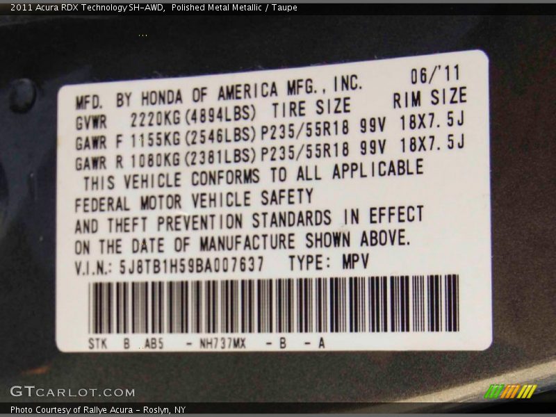 Polished Metal Metallic / Taupe 2011 Acura RDX Technology SH-AWD