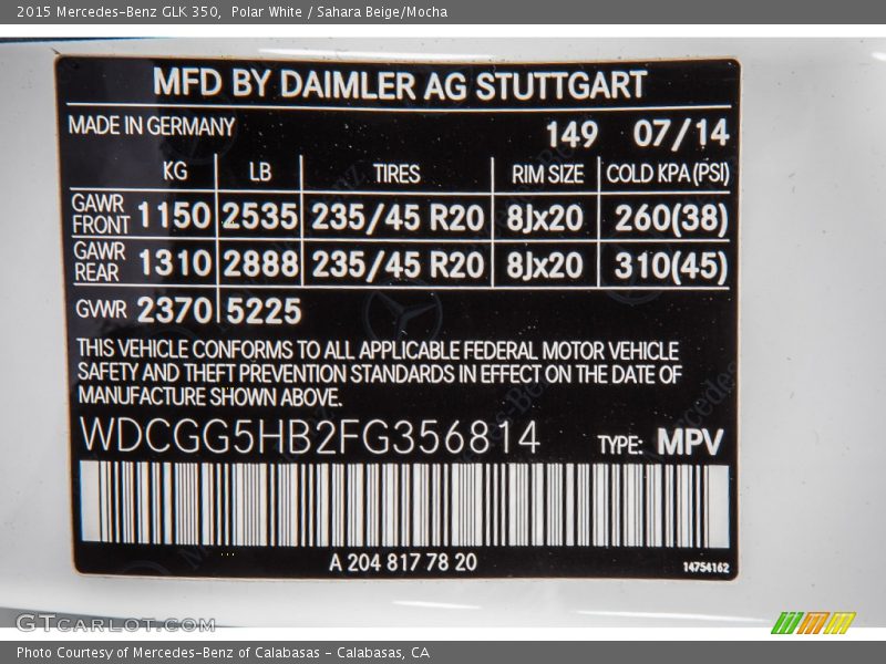 Polar White / Sahara Beige/Mocha 2015 Mercedes-Benz GLK 350
