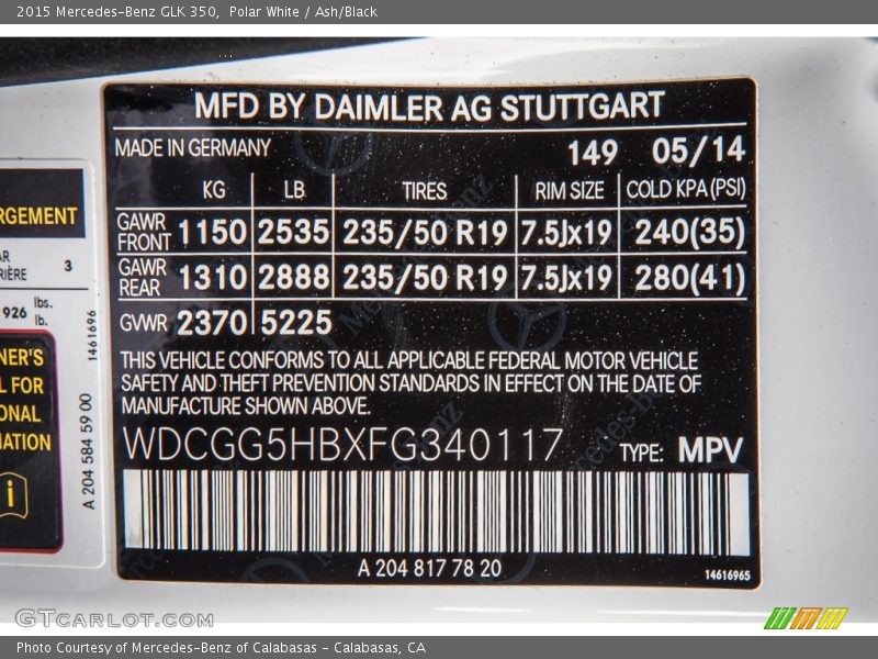 Polar White / Ash/Black 2015 Mercedes-Benz GLK 350