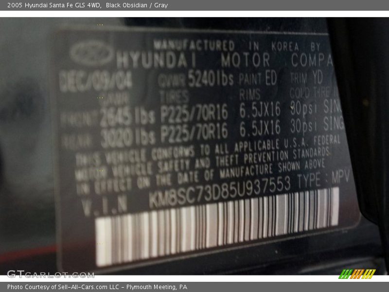 Black Obsidian / Gray 2005 Hyundai Santa Fe GLS 4WD