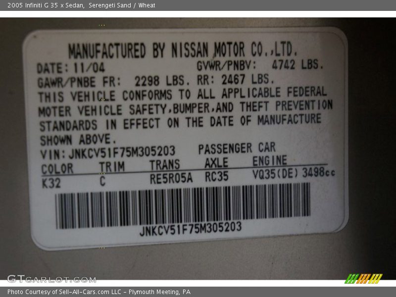 Serengeti Sand / Wheat 2005 Infiniti G 35 x Sedan