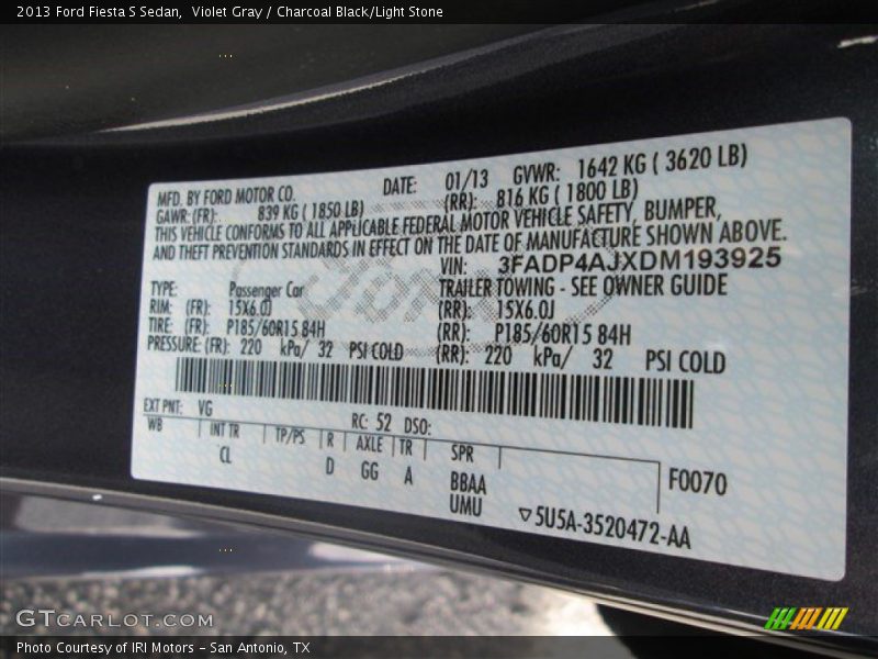 Violet Gray / Charcoal Black/Light Stone 2013 Ford Fiesta S Sedan