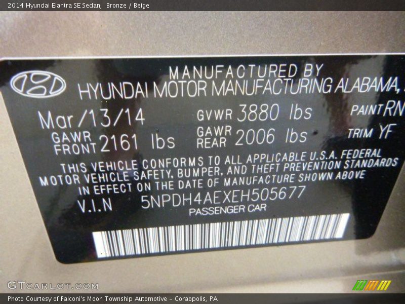 Bronze / Beige 2014 Hyundai Elantra SE Sedan