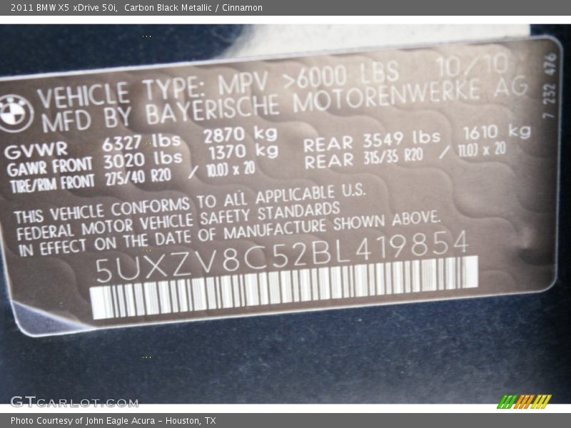 Carbon Black Metallic / Cinnamon 2011 BMW X5 xDrive 50i