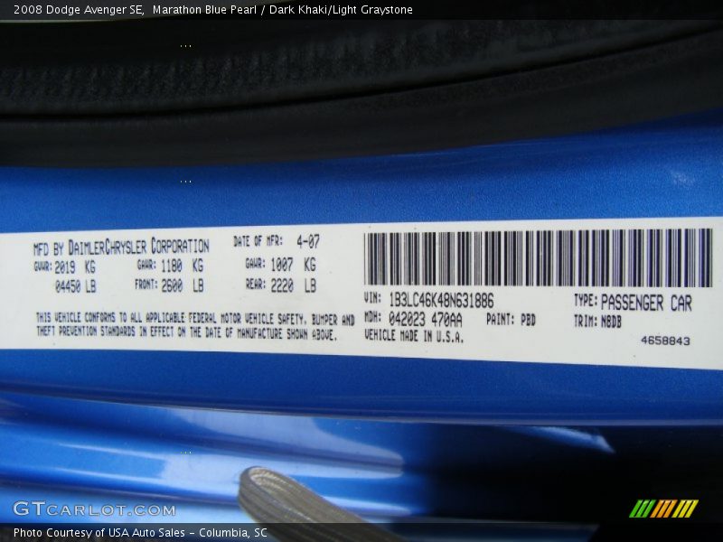 Marathon Blue Pearl / Dark Khaki/Light Graystone 2008 Dodge Avenger SE