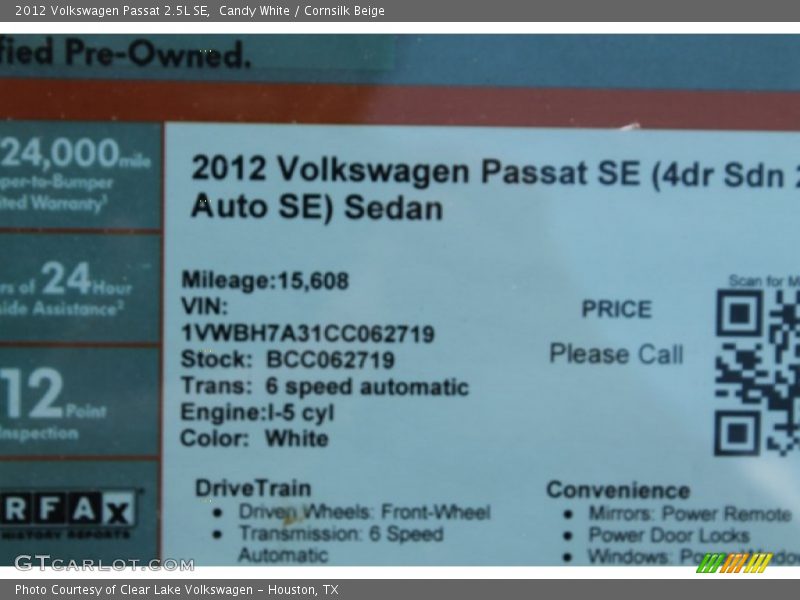 Candy White / Cornsilk Beige 2012 Volkswagen Passat 2.5L SE