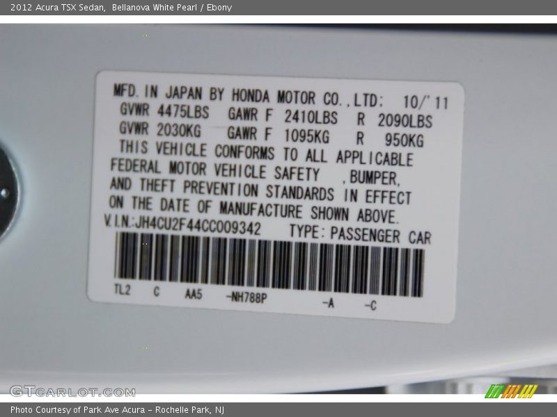 Bellanova White Pearl / Ebony 2012 Acura TSX Sedan