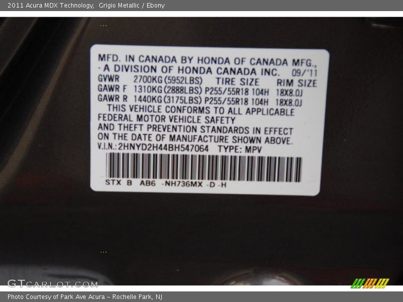 Grigio Metallic / Ebony 2011 Acura MDX Technology