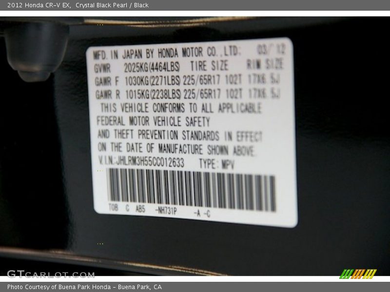 Crystal Black Pearl / Black 2012 Honda CR-V EX