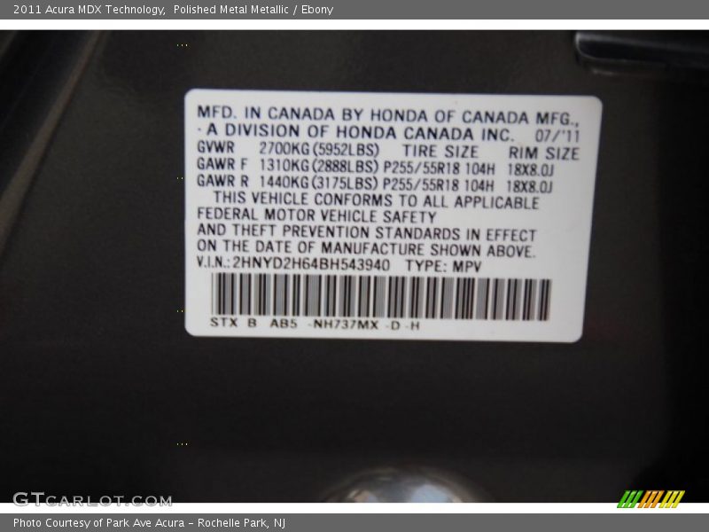 Polished Metal Metallic / Ebony 2011 Acura MDX Technology