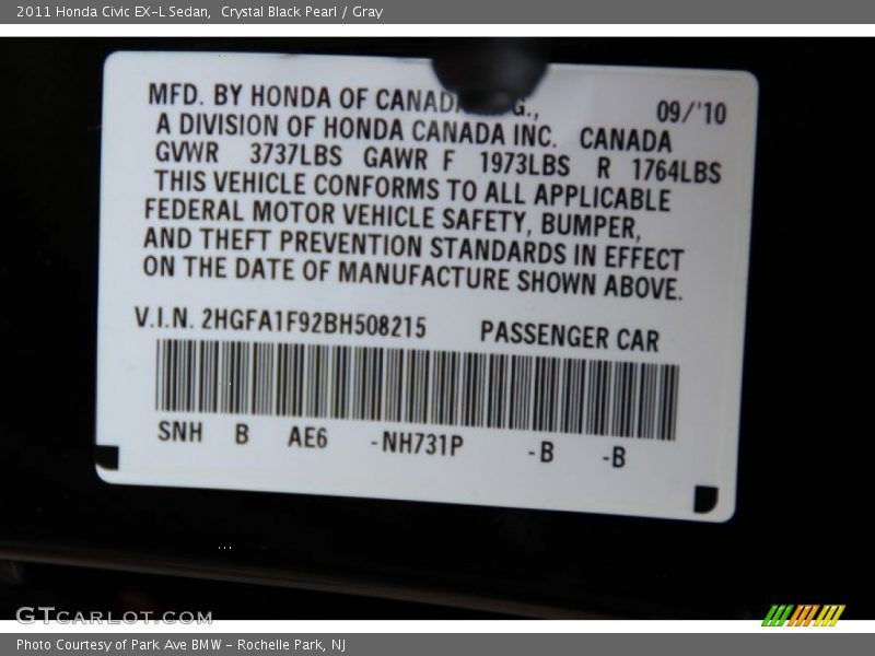 Crystal Black Pearl / Gray 2011 Honda Civic EX-L Sedan