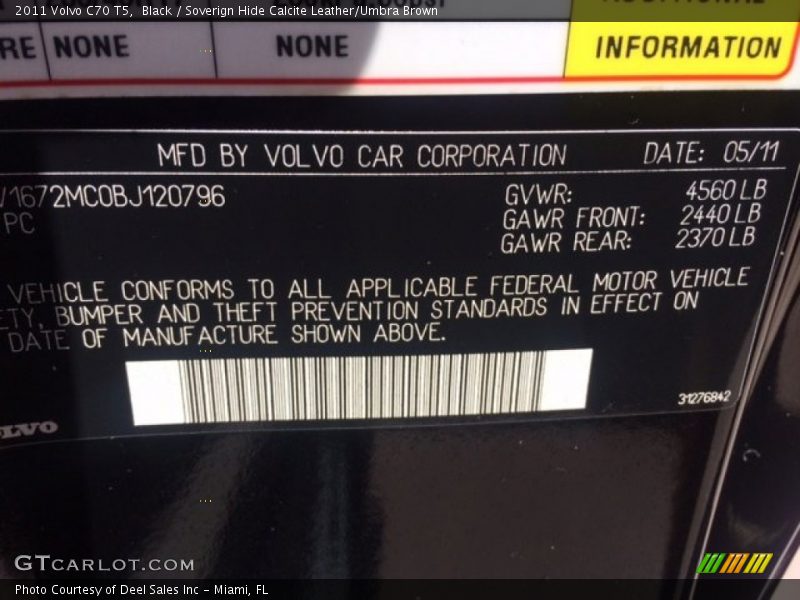 Black / Soverign Hide Calcite Leather/Umbra Brown 2011 Volvo C70 T5