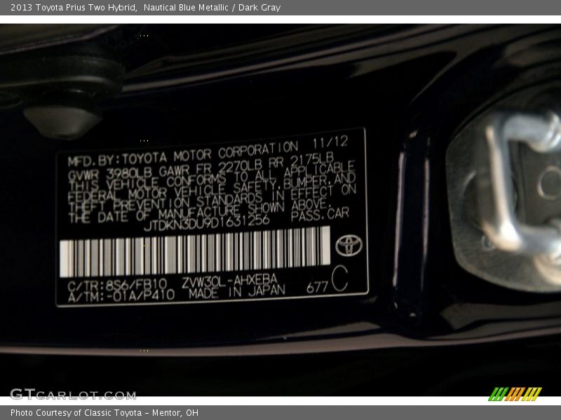 Nautical Blue Metallic / Dark Gray 2013 Toyota Prius Two Hybrid