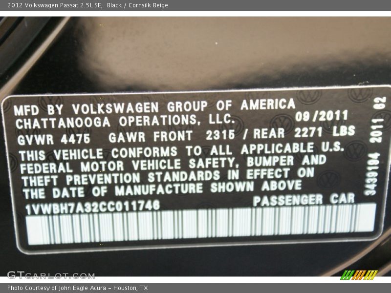 Black / Cornsilk Beige 2012 Volkswagen Passat 2.5L SE