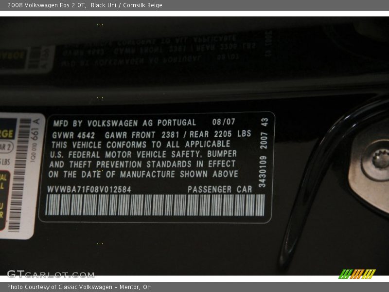 Black Uni / Cornsilk Beige 2008 Volkswagen Eos 2.0T