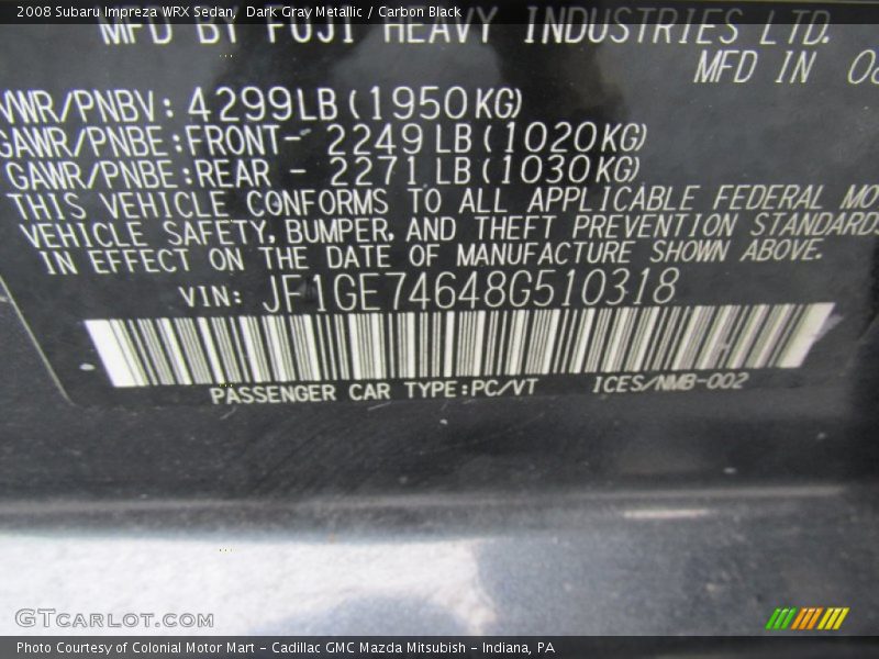 Dark Gray Metallic / Carbon Black 2008 Subaru Impreza WRX Sedan