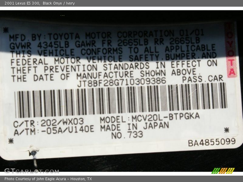 Black Onyx / Ivory 2001 Lexus ES 300