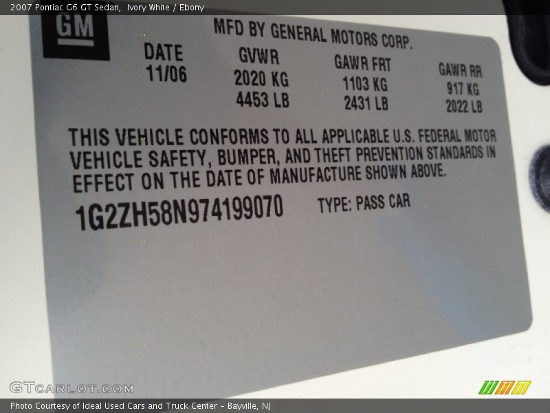 Ivory White / Ebony 2007 Pontiac G6 GT Sedan