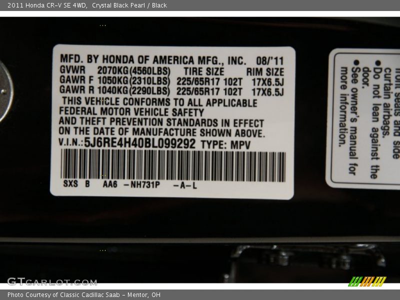 Crystal Black Pearl / Black 2011 Honda CR-V SE 4WD