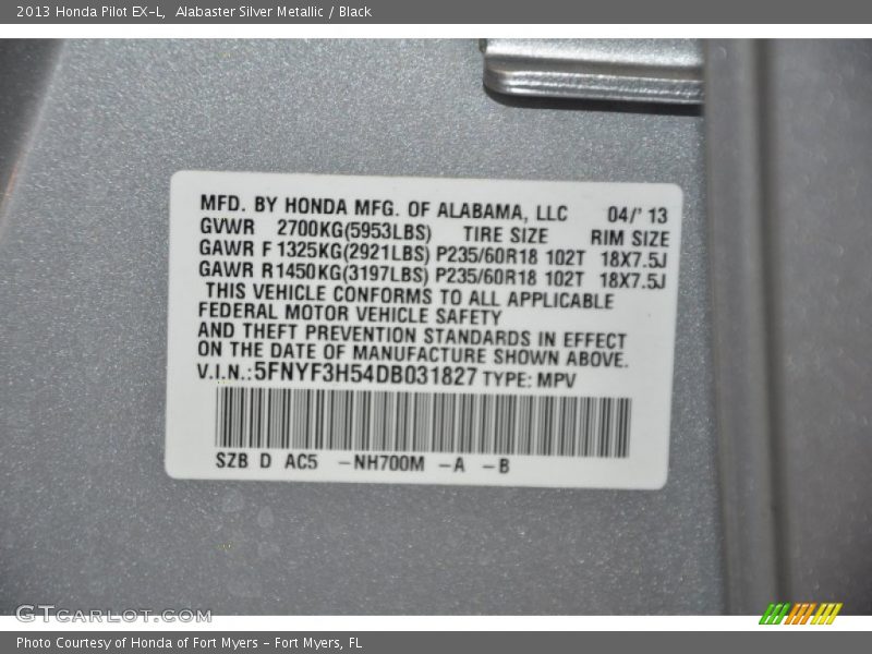 Alabaster Silver Metallic / Black 2013 Honda Pilot EX-L