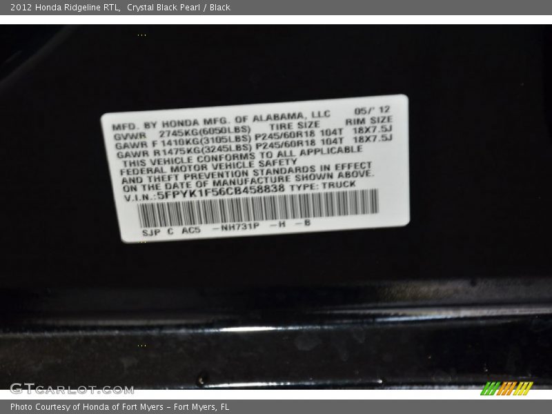 Crystal Black Pearl / Black 2012 Honda Ridgeline RTL
