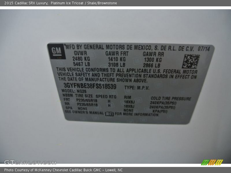 Platinum Ice Tricoat / Shale/Brownstone 2015 Cadillac SRX Luxury