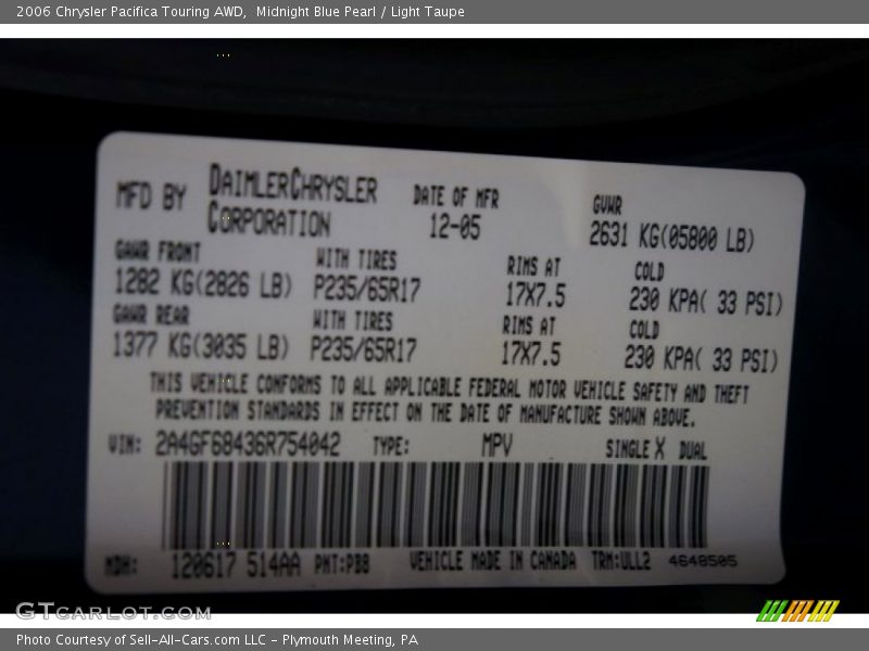 Midnight Blue Pearl / Light Taupe 2006 Chrysler Pacifica Touring AWD