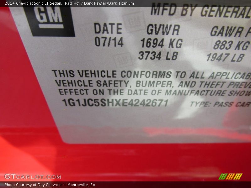 Red Hot / Dark Pewter/Dark Titanium 2014 Chevrolet Sonic LT Sedan