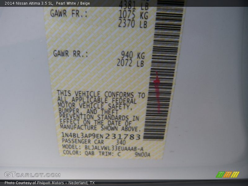 2014 Altima 3.5 SL Pearl White Color Code QAB