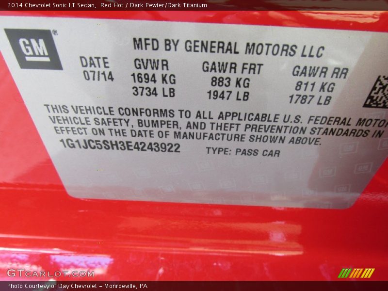 Red Hot / Dark Pewter/Dark Titanium 2014 Chevrolet Sonic LT Sedan