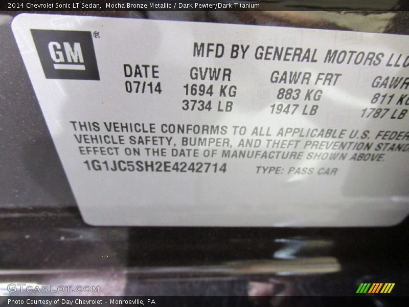 Mocha Bronze Metallic / Dark Pewter/Dark Titanium 2014 Chevrolet Sonic LT Sedan