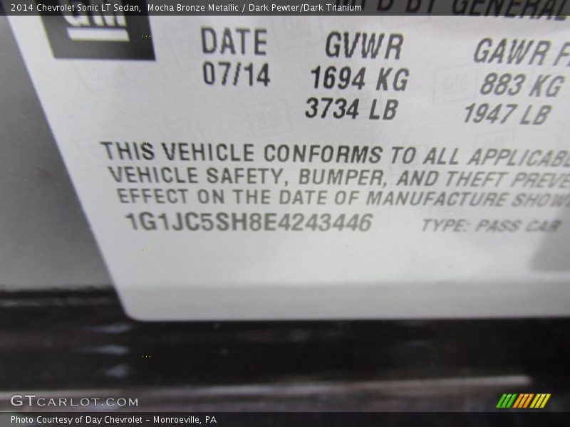 Mocha Bronze Metallic / Dark Pewter/Dark Titanium 2014 Chevrolet Sonic LT Sedan