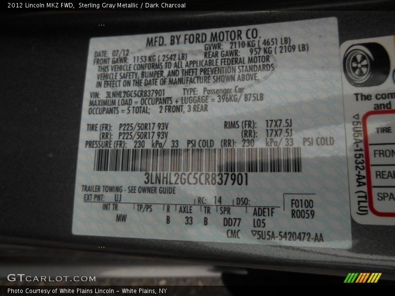 Sterling Gray Metallic / Dark Charcoal 2012 Lincoln MKZ FWD