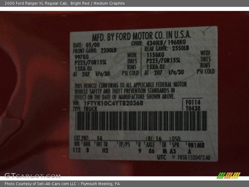 Bright Red / Medium Graphite 2000 Ford Ranger XL Regular Cab