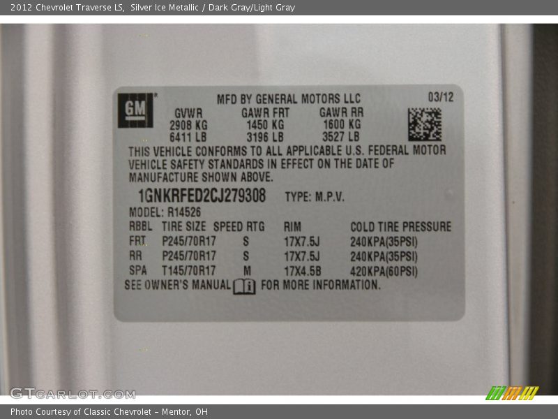 Silver Ice Metallic / Dark Gray/Light Gray 2012 Chevrolet Traverse LS