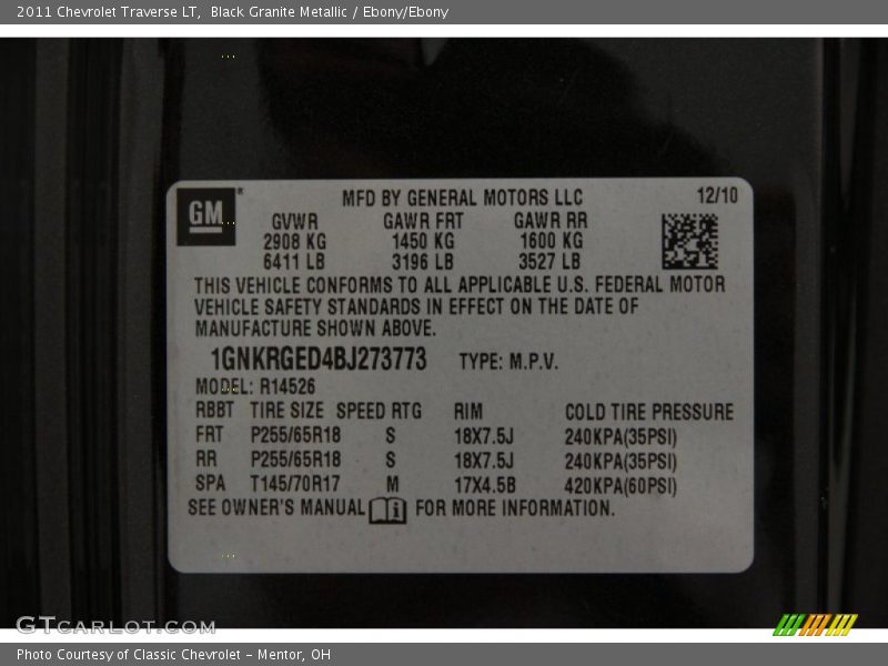 Black Granite Metallic / Ebony/Ebony 2011 Chevrolet Traverse LT