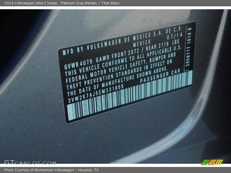 Platinum Gray Metallic / Titan Black 2014 Volkswagen Jetta S Sedan