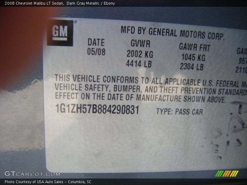 Dark Gray Metallic / Ebony 2008 Chevrolet Malibu LT Sedan