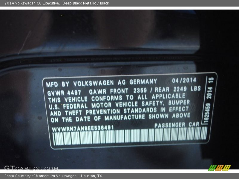 Deep Black Metallic / Black 2014 Volkswagen CC Executive