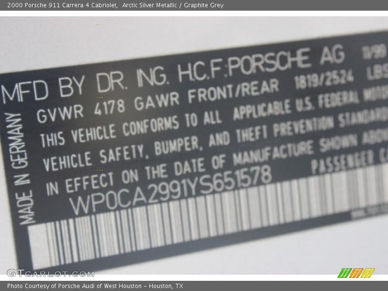 Arctic Silver Metallic / Graphite Grey 2000 Porsche 911 Carrera 4 Cabriolet