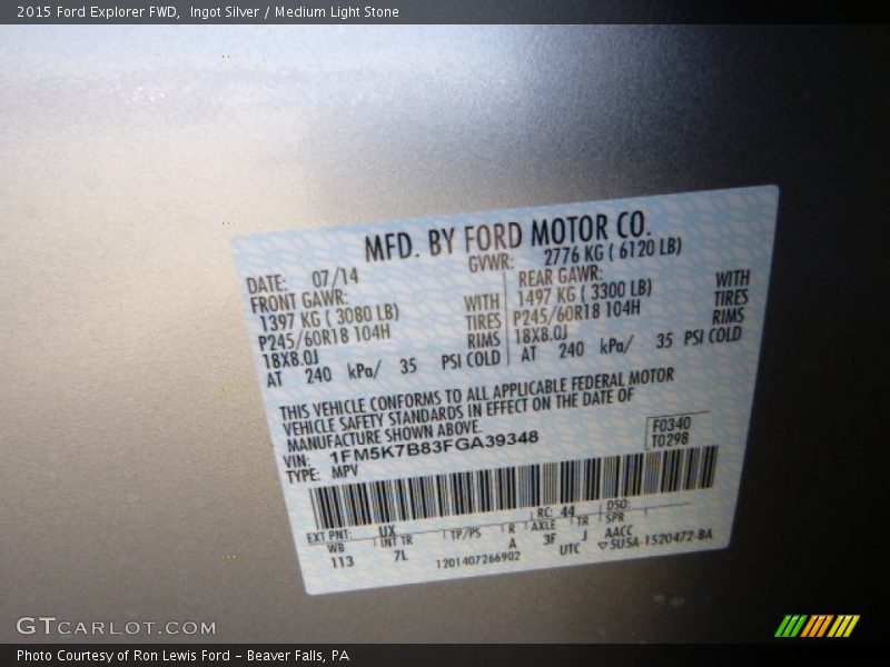 2015 Explorer FWD Ingot Silver Color Code UX