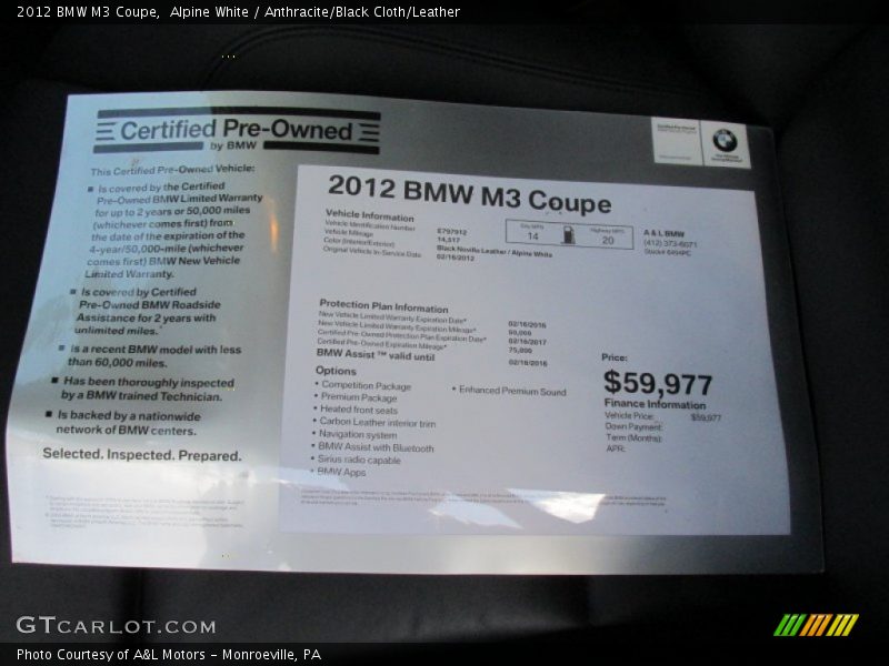 Alpine White / Anthracite/Black Cloth/Leather 2012 BMW M3 Coupe