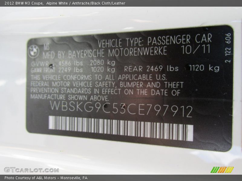 Alpine White / Anthracite/Black Cloth/Leather 2012 BMW M3 Coupe