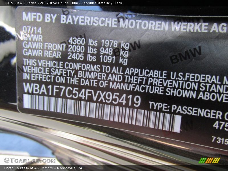 2015 2 Series 228i xDrive Coupe Black Sapphire Metallic Color Code 475