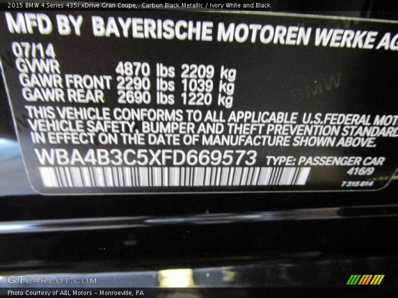 2015 4 Series 435i xDrive Gran Coupe Carbon Black Metallic Color Code 416