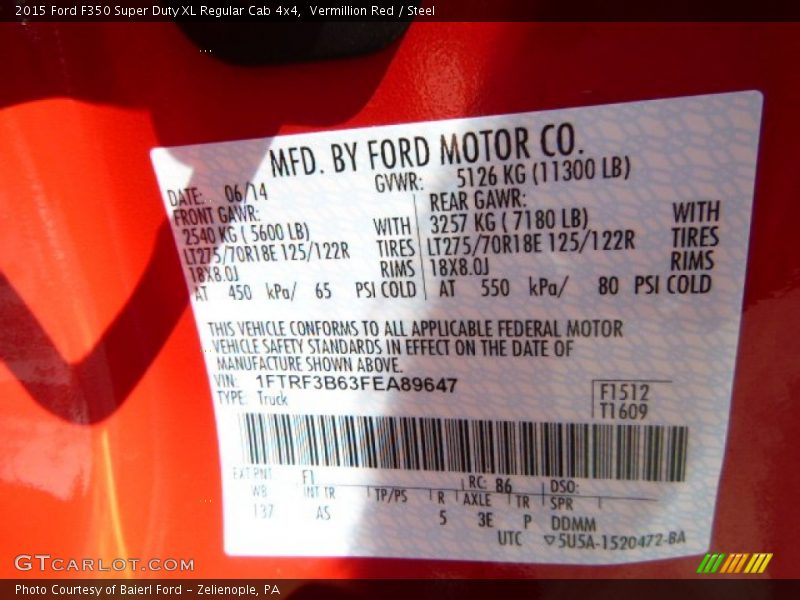 2015 F350 Super Duty XL Regular Cab 4x4 Vermillion Red Color Code F1