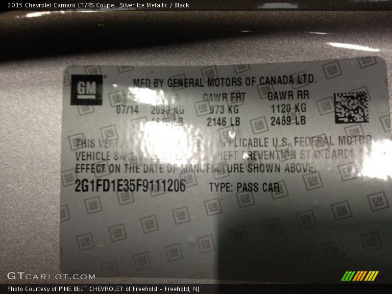 Silver Ice Metallic / Black 2015 Chevrolet Camaro LT/RS Coupe