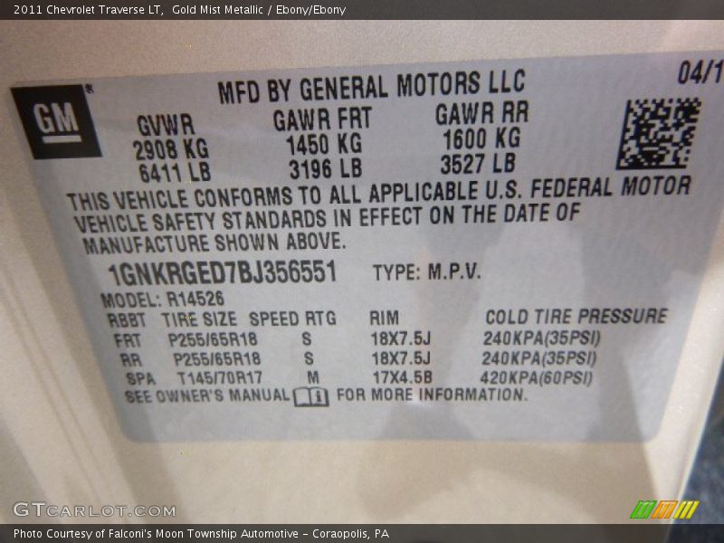 Gold Mist Metallic / Ebony/Ebony 2011 Chevrolet Traverse LT